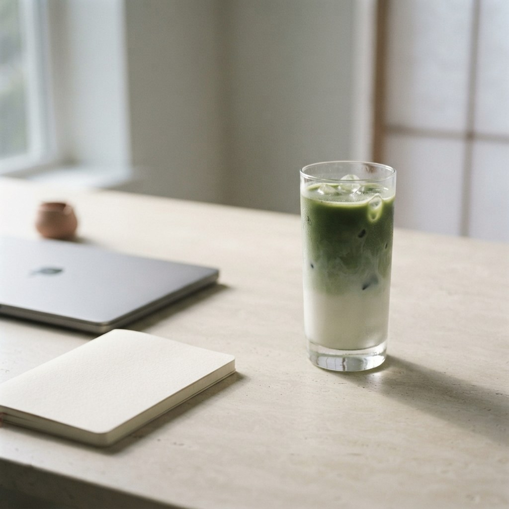 An iced matcha latte in a glass mug on a white desk beside a laptop