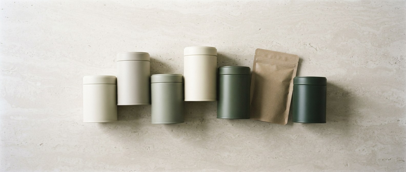 Tins and pouches of Japanese matcha arranged on a pale stone surface