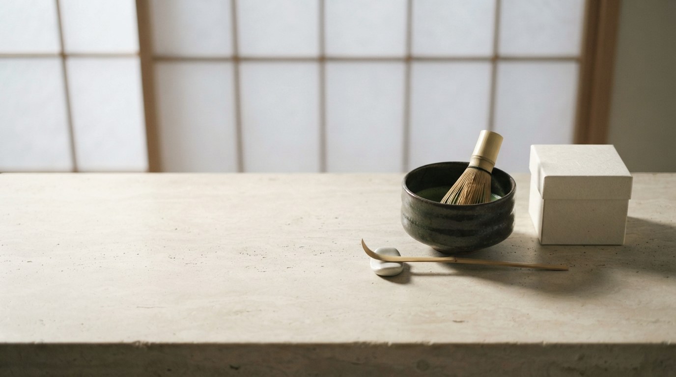 A matcha bowl, bamboo whisk and scoop set out on a pale stone counter